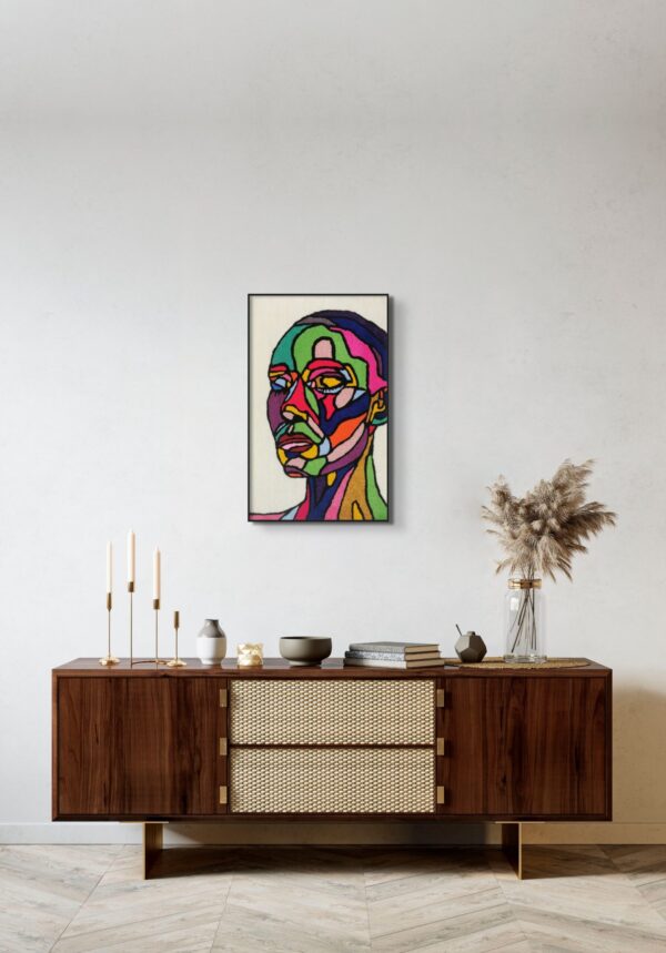 Chilling eighties - een textielkunstwerk met een jaren tachtig gevoel. Chilling Eighties, een portret in garen. Zacht en tastbaar.