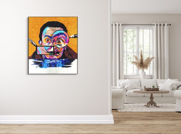 Magnifying Dali - Magnificent textile art for a magnificent man Playful textile art portrait Magnifying Dalí with light humour