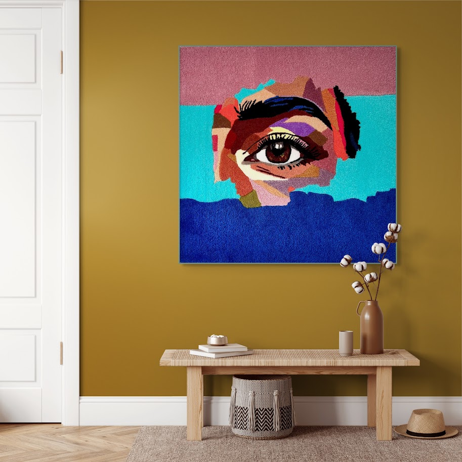 Painted Fragments – True framed textile artwork in aluminium frame with wood look